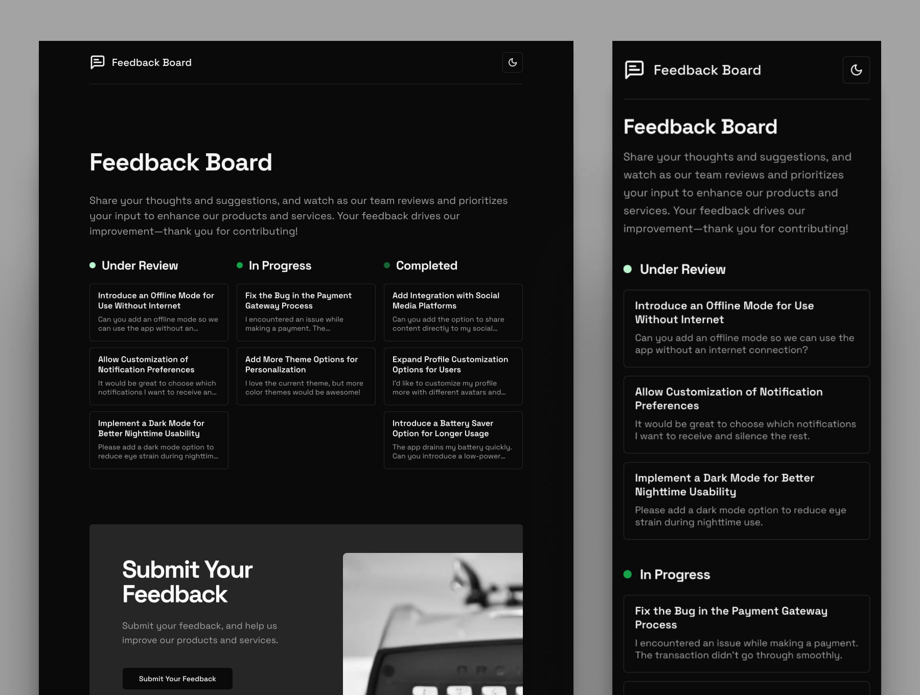 Screenshot of Feedback Board project