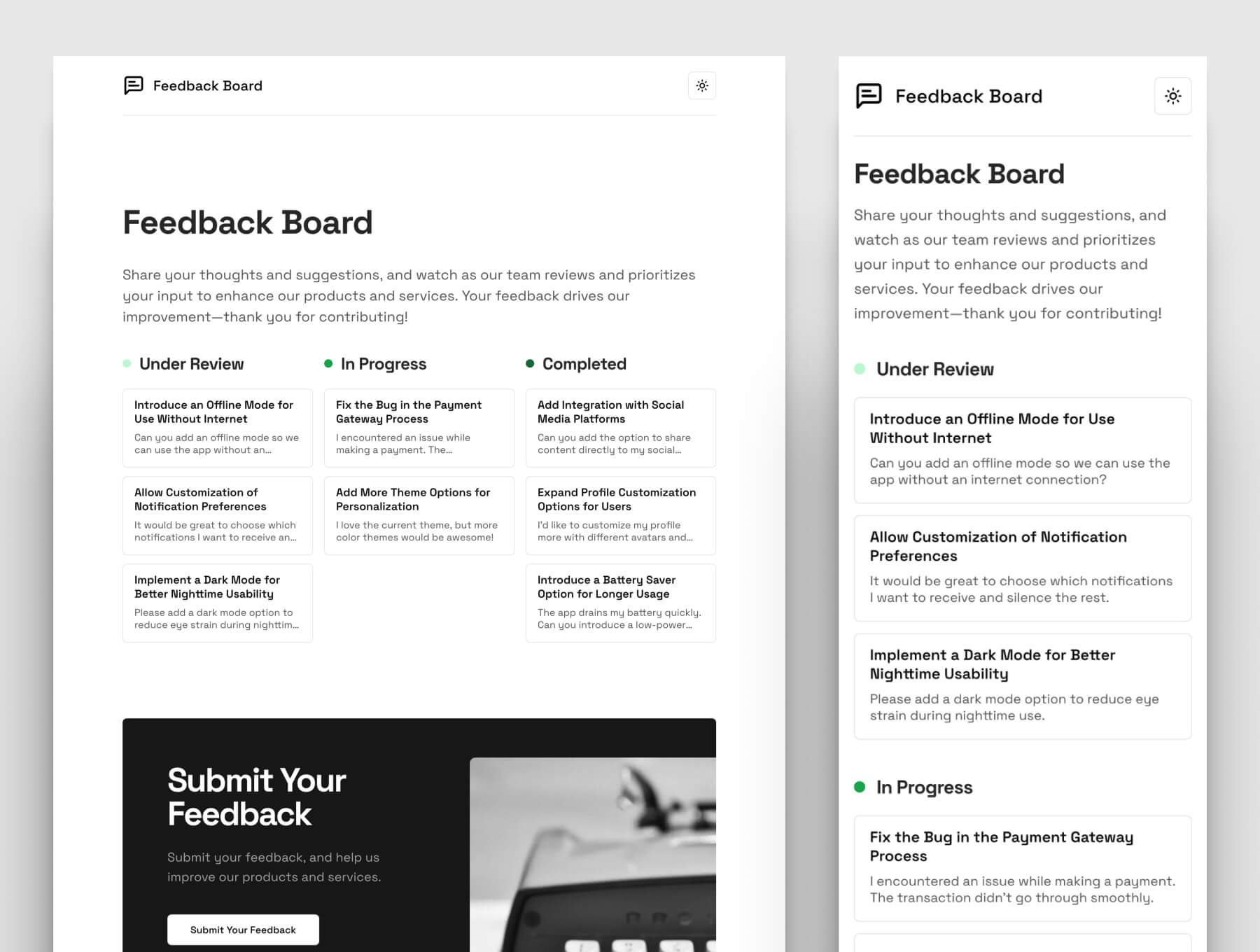 Screenshot of Feedback Board project