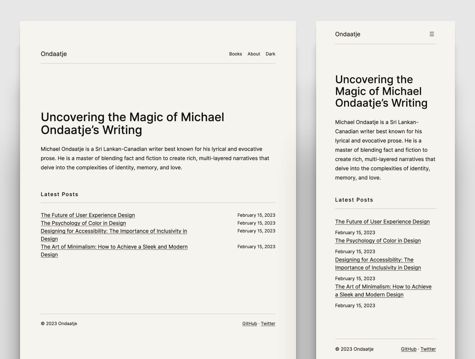 Screenshot of Ondaatje WordPress Block Theme project